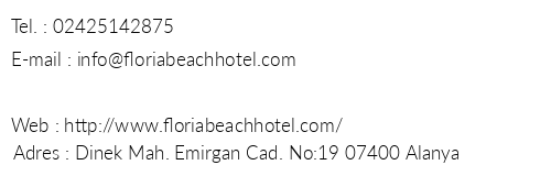 Floria Beach Hotel telefon numaralar, faks, e-mail, posta adresi ve iletiim bilgileri